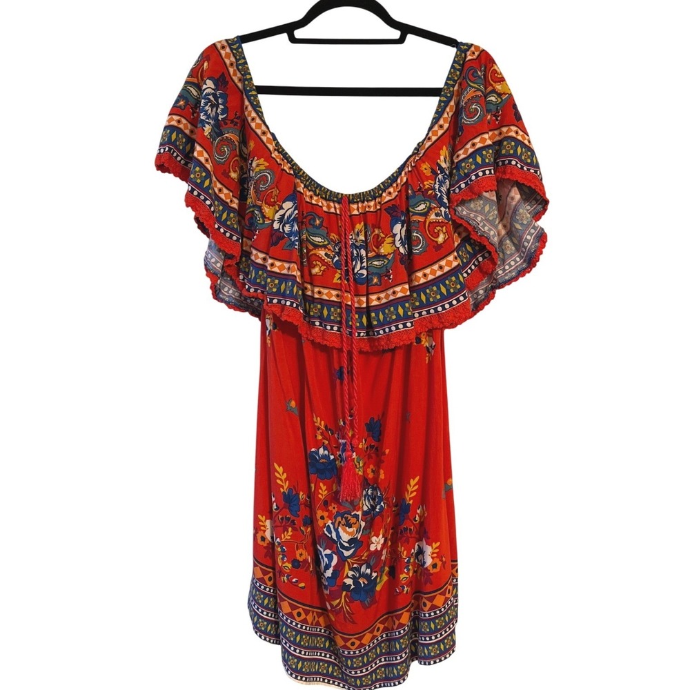 Flying Tomato Red Floral Off Shoulder Mini Dress‎ Bohemian Boho Festival Small